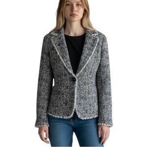 Talbots Tweed Fringe Blazer Women’s 6 Preppy Old Money Corpcore Blue White Chic
